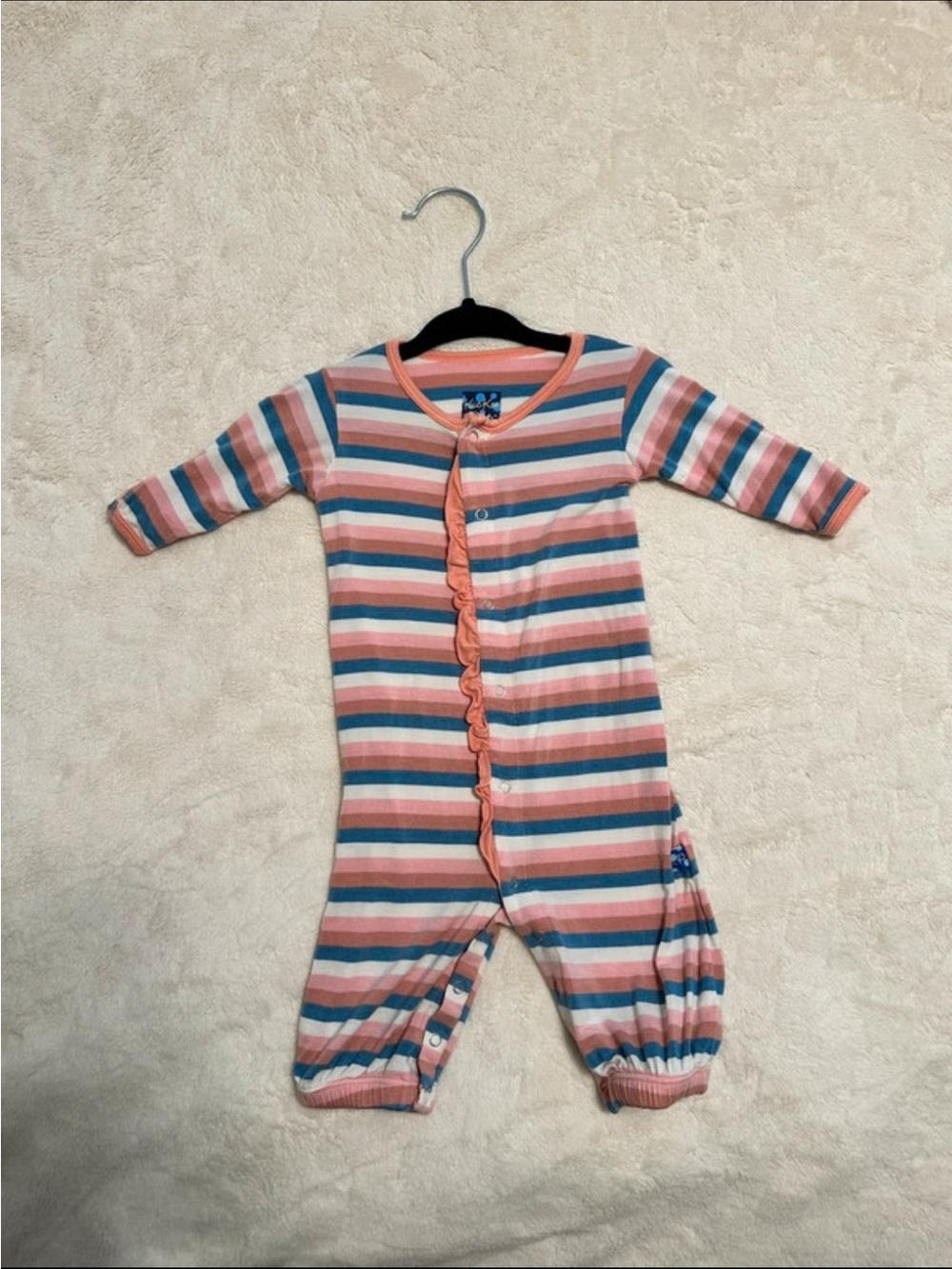 Kickee Pants Striped Ruffle-Front Footie in Pink, Blue, White, Coral